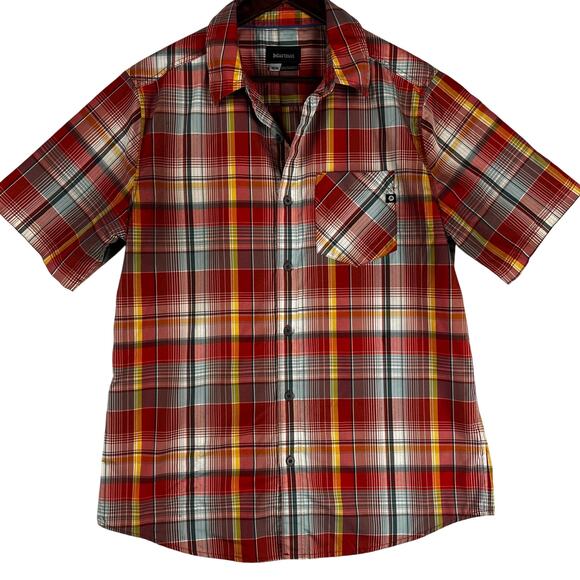 Marmot Plaid Gorpcore Plaid Shirt Men’s SZ M Orange Gray Yellow Red Pocket EUC - Picture 1 of 10